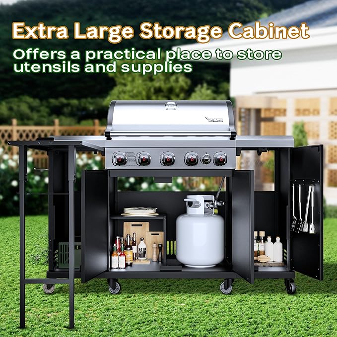 Brand-Man Propane Gas Grill Island Outdoor Kitchen & Storage Cabinets, 52000 BTUs Stainless Steel Burner Patio Cooking BBQ Grill with Side Burner - Natural Gas Convertible, Black (5 Burner)