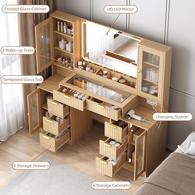 55" Vanity Desk with Mirror & Lights, Fluted Makeup Vanity with 8 Drawers & 4 Cabinets, Tempered Glass Top, RGB Cabinet Lighting, 3-Color Dimmable Mirror, and Charging Station (Natural Oak)