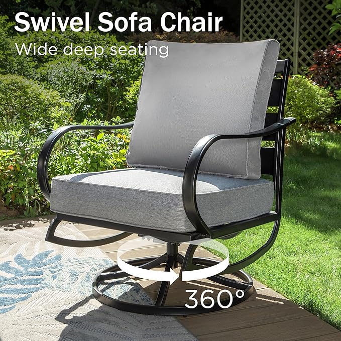 PHI VILLA 6 PCS Patio Furniture Sets with 2*Swivel Cushioned Sofa Chairs, 2* Leg Chairs, 1 * 3-Seat Wide Deep Seating Bench and 1*Coffee Table, Outdoor Conversation Set for 7 Person(Grey)