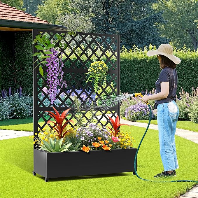 Metal Raised Garden Bed with Trellis and Wheels, 2 in 1 Trellis with Planter Box & Privacy Screen for Climbing Plants, Outdoor Standing Flower Beds with Drainage Holes, 47.2''L×15.7''W×70.9''H, Black