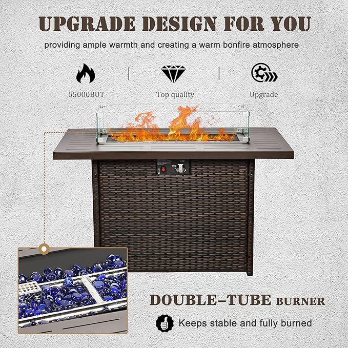 Propane Fire Pit Table,44 Inch 55000 BTU Outdoor Gas Fire Pit Rectangular with Glass Wind Guard for Outside Patio Deck (Brown-Aluminum Top)