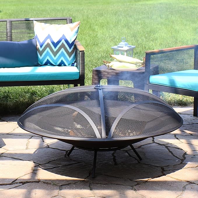 Sunnydaze 39-Inch Replacement Steel Fire Pit Bowl with Round Spark Screen - High-Temperature Painted Finish