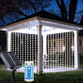 Solar Curtain Lights Outdoor Waterproof, 300LED 9.8x9.8FT Fairy String Lights with USB-C & Solar Charging, Remote Timer Twinkle Waterfall Lights for Patio Garden Wedding Decor (Cool White)