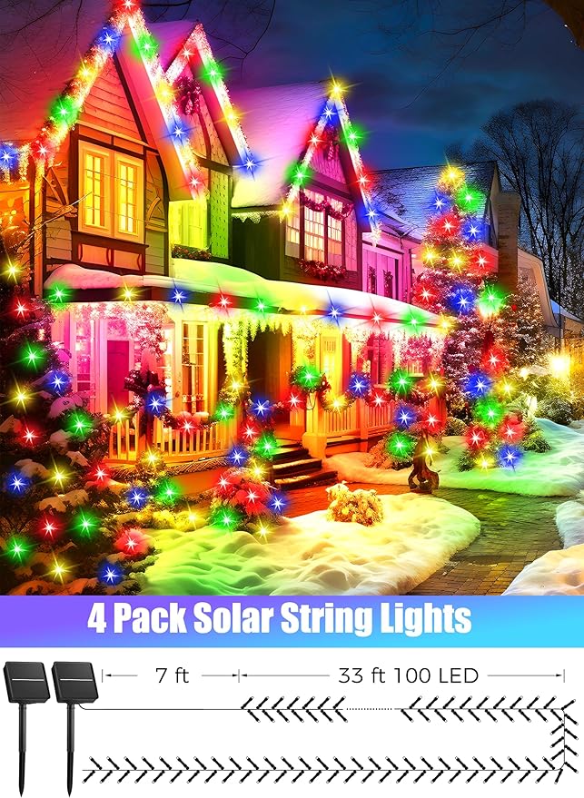 Minetom Solar String Lights for Outside, 4 Pack Total 160FT 400 LED Solar Christmas Lights Outdoor with 8 Modes, Solar Lights Outdoor Waterproof,Solar Christmas String Lights for Tree House,Multicolor