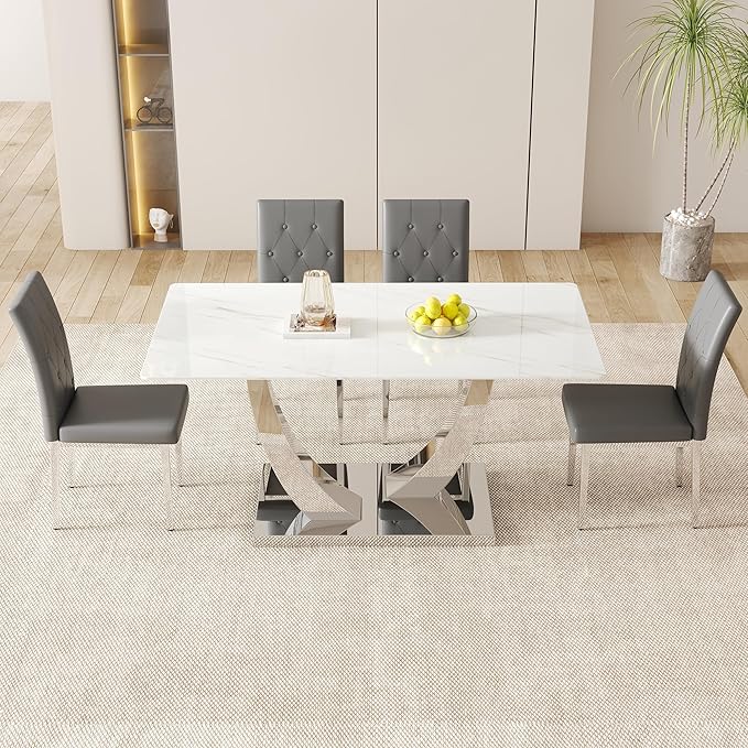 AZmac 63" Modern Dining Table Set for 4, White Dining Room Set for 4, Tempered Glass Kitchen Table and PU Leather Chairs, Marble Pattern Top with Sturdy Silver Chrome Base