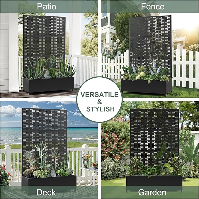 Metal Large Planter Box with Trellis, Raised Garden Beds with Privacy Screen & Wheels for Outdoor Plants, Planter Boxes with Drainage Holes (47" L×16" W×71" H, Black Rectangle)