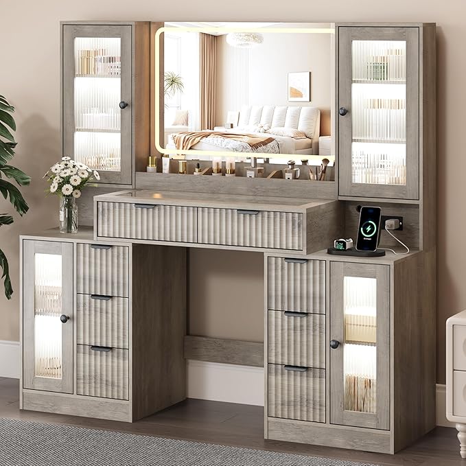 55" Vanity Desk with Mirror & Lights, Fluted Makeup Vanity with 8 Drawers & 4 Cabinets, Tempered Glass Top, RGB Cabinet Lighting, 3-Color Dimmable Mirror, and Charging Station (Gray Wash)