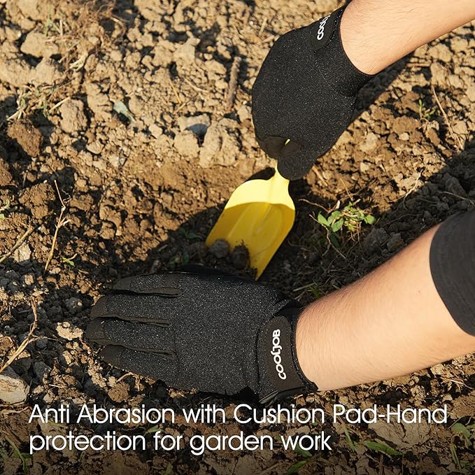 COOLJOB Thorn Proof Garden Gloves with Touchscreen Fingers for Men, Rose Pruning Work Gloves with Palm Cushion for Gardener, Farmer and Landscaper (Black 1 Pair Large)