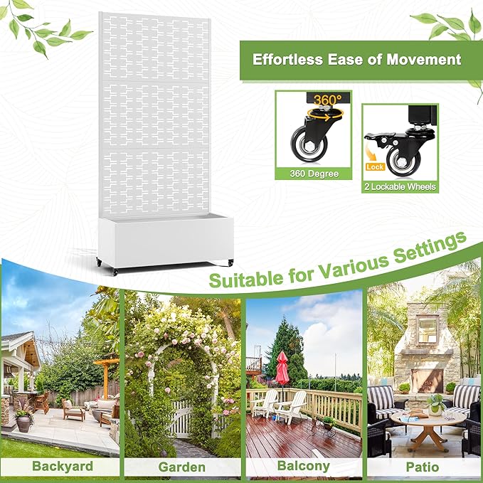 FENCY Metal Raised Garden Bed with Wheels and Trellis,73"x35"x16" Planter Box for Climbing Plants, Vegetables & Vines, Features Privacy Screen and Drainage Holes (White-Brick)