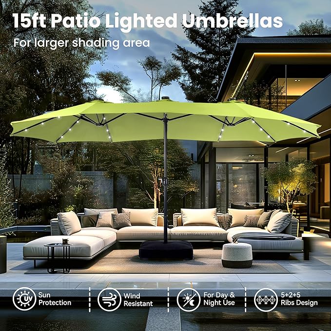 PHI VILLA 15 ft Umbrella Outdoor Patio Solar Lights with Base, Outdoor Double-Sided Large Market Rectangle Umbrellas with 36 LED Lights, Lime Green