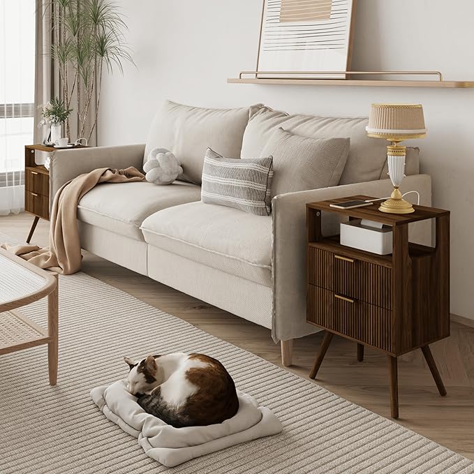Nightstand with Charging Station and LED Lights,Modern Bedside Table with 2 Storage Drawer and Open Wood Shelf, for Bedroom and Small Spaces,Night Stand with Solid Wood Legs,Walnut Brown