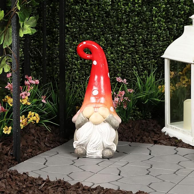 Alpine Corporation 17” Tall Outdoor Garden Gnome Yard Decoration - See No Evil Statue - Gnome with Red Polka Dot Hat – Durable, Weatherproof Decor for Patio & Deck
