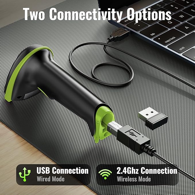 Tera Barcode Scanner Wireless Versatile 2-in-1 (2.4Ghz Wireless+USB 2.0 Wired) with Battery Level Indicator 328 Feet Transmission Distance Rechargeable 1D Laser Bar Code Reader USB Handheld (Green)