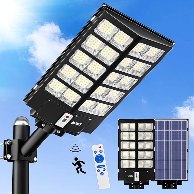 JAYNLT Y-5200W Solar Street Lights Outdoor,520000LM 6500K Commercial Parking Lot Lights Dusk to Dawn, Waterproof Solar Security Flood Lamps with Motion Sensor and Remote for Yard, Garage, Driveway