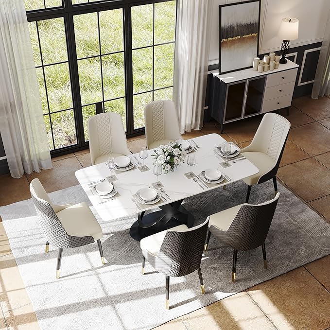 POVISON 71" Modern Dining Table for 4-6 People, Matte White Sintered Stone Table Top with X-Shape Carbon Steel Pedestal, Large Rectangular Table for Kitchen Living Room