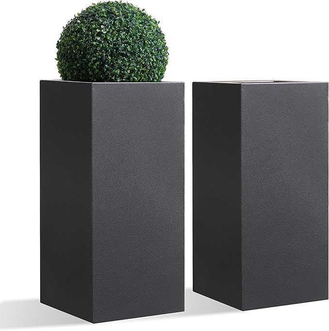 Wallowa Metallic Heavy Tall Outdoor/Indoor Planter Box, Rectangular, 14Lx14Wx30H Inches, ‎25LBS/PC, Dark Gray, No Assembly Required and Seamless, Set of 2