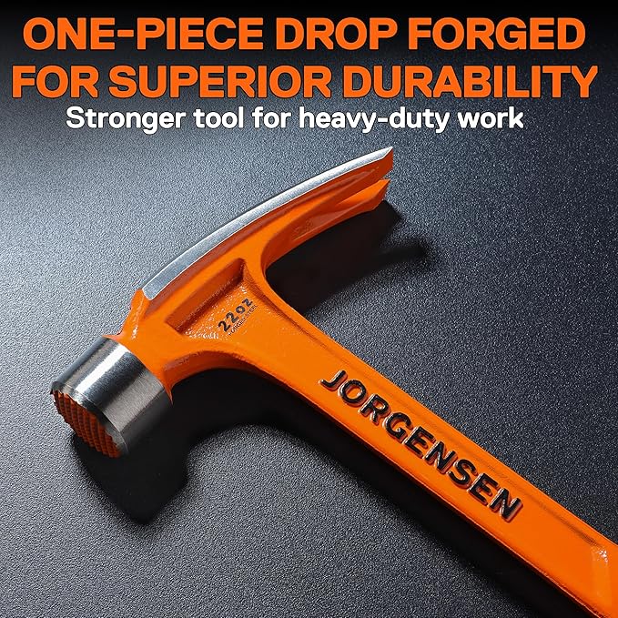 Jorgensen 22 oz Framing Hammer, Straight Claw Hammer with Magnetic Nail Holder, Rip Claw Hammer with Milled Face & Shock Absorbing Grip, Heavy Duty One-piece Forged Hammer