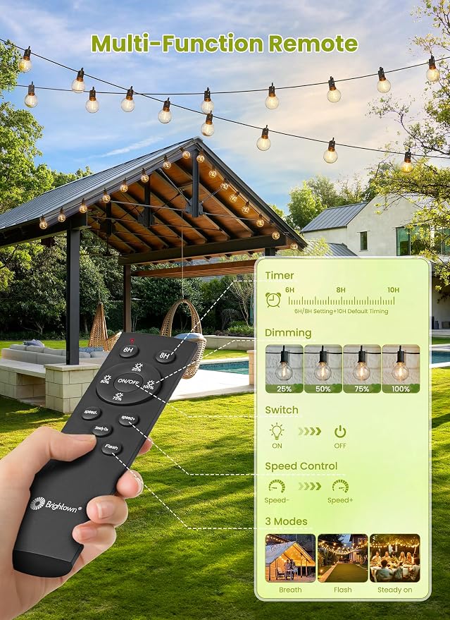 Brightown 58FT Solar String Lights Outdoor with Remote Cable Ties Hooks, 17 LED Shatterproof Bulbs, 3 Light Modes, Dimmer & Timer, Commercial Grade Patio Lights for Yard Balcony Pergola Party Decor