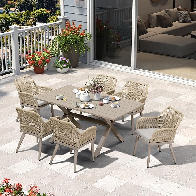 PURPLE LEAF 7 Pieces Outdoor Dining Set All-Weather PE Rattan Outdoor Patio Furniture Set with All Aluminum Frame Rectangular Table and Chairs Set for Lawn Garden Backyard Deck, Champagne