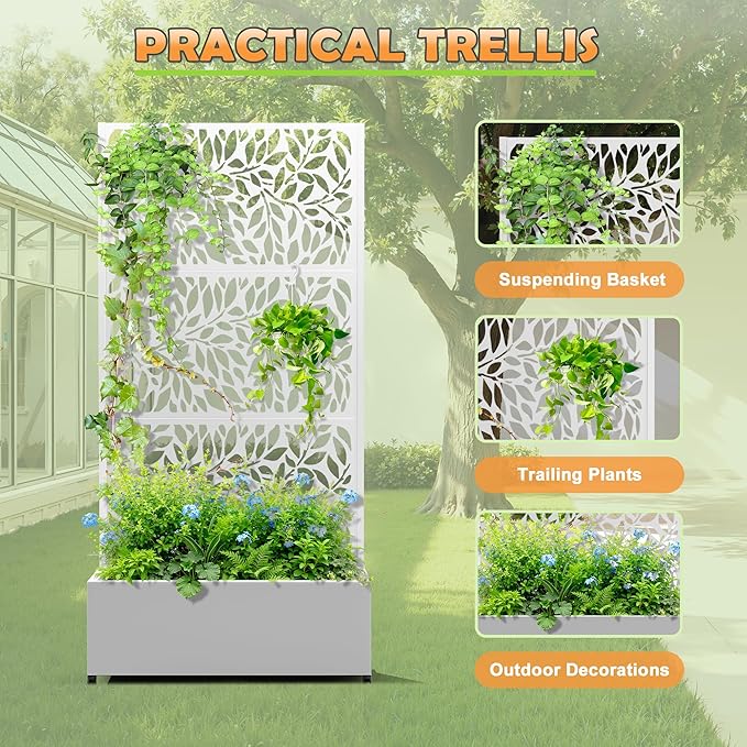 Metal Raised Garden Bed with Trellis, 2 in 1 Trellis with Planter Box & Privacy Screen for Climbing Plants, Vine, Outdoor Standing Flower Beds with Drainage Holes, 35.4"L x 15.7"W x 70.10"H,(White)