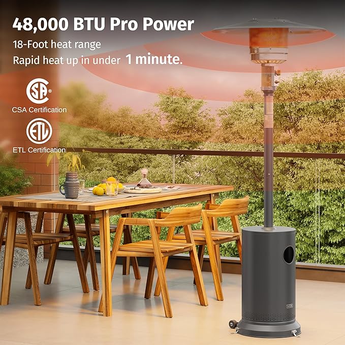 EAST OAK 48,000 BTU Patio Heater for Outdoor Use with Round Table Design, Double-Layer Stainless Steel Burner, Wheels, Triple Protection System, Outdoor Heater for Home and Residential, Grey