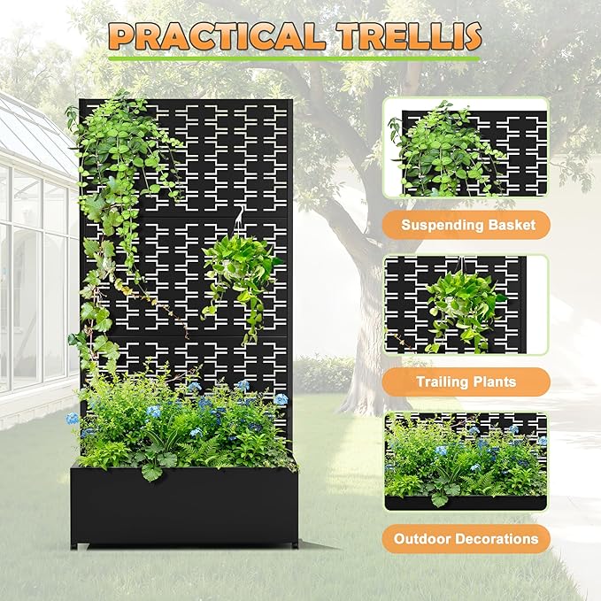 Metal Raised Garden Bed with Trellis, 2-in-1 Planter Box & Privacy Screen for Climbing Plants, Outdoor Standing Flower Bed with Drainage Holes, 35.4" L x 15.7" W x 70.1" H, Black-Brick