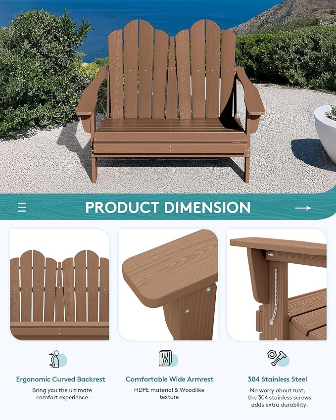 SERWALL Folding Adirondack Bench, HDPE All-Weather Adirondack Loveseat, 660 lbs Capacity, Foldable Outdoor Patio Bench for Deck, Lawn, Garden, Brown