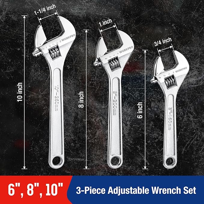WORKPRO 3-Piece Adjustable Wrench Set, Forged Carbon Steel, Chrome-Plated, SAE & Metric Scale (6-inch, 8-inch, 10-inch)