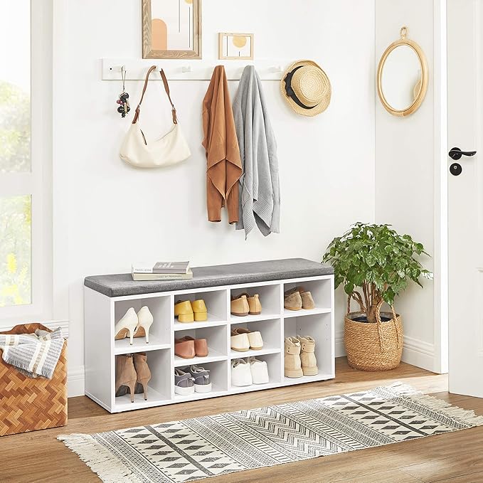 VASAGLE CUSTOS Collection - Shoe Bench, Storage Bench with Padded Seat, Entryway Bench with 10 Compartments, for Bedroom, 11.8 x 40.9 x 18.9 Inches, Cloud White and Dove Gray ULHS010W01