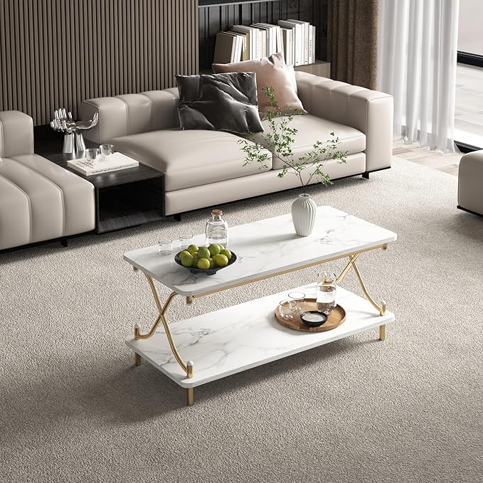 VECELO White and Gold Coffee Table with Storage and Open Shelves for Living Dining Room 39-Inch, Modern Rectangle & Industrial Design, X-Shape Frame, Easy Assemble
