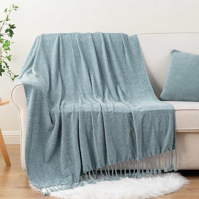 BATTILO HOME Blue Grey Throw Blanket for Couch Bed, Soft Cozy Light Blue Chenille Throw Blanket with Fringe, Lightweight Throw Blanket for Home Decor, 50"x60"