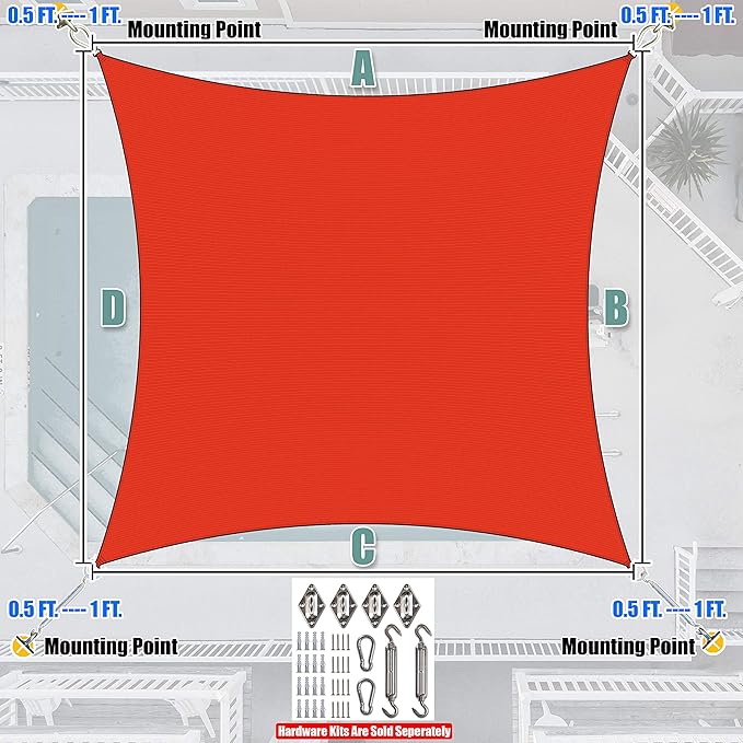 Amgo Custom Size 8' x 16' Red Rectangle Square Sun Shade Sail UPF50+ AGTAPR1620, Order to Make Canopy Awning, 95% UV Blockage, Water & Air Permeable, Commercial and Residential (We Customize)
