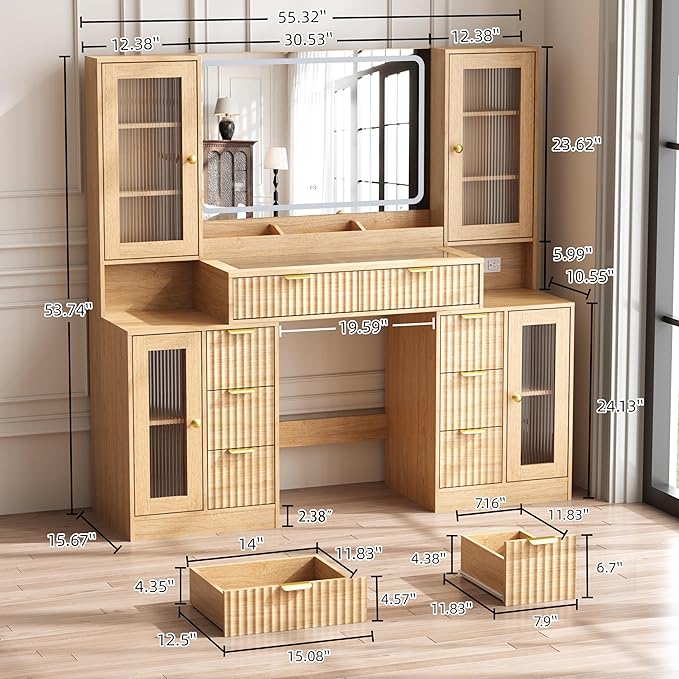 55" Vanity Desk with Mirror & Lights, Fluted Makeup Vanity with 8 Drawers & 4 Cabinets, Tempered Glass Top, RGB Cabinet Lighting, 3-Color Dimmable Mirror, and Charging Station (Natural Oak)