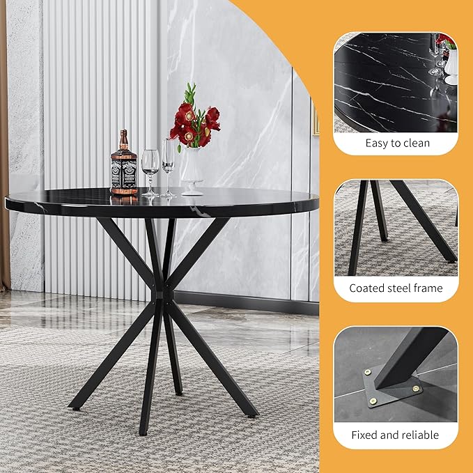 Round Dining Table, 39 Inch Modern Round Kitchen Table Black Dining with Black X Base, Kitchen Table Leisure Table for 4-5 People Small Space Dining Room, Apartment, Kitchen