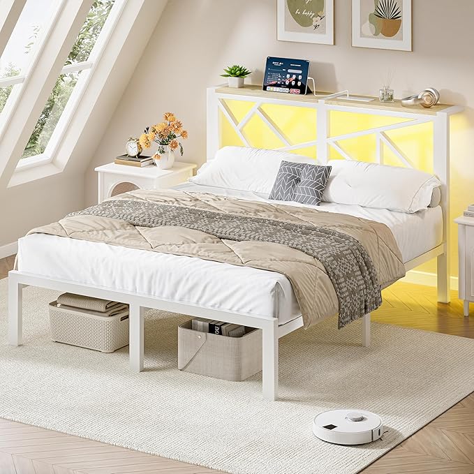 Queen White Metal Bed Frame with USB Charging Station, LED Ambient Lighting, and Wooden Storage Headboard - Includes Under-Bed Storage, No Box Spring Needed, Noise Free, Easy to Assemble