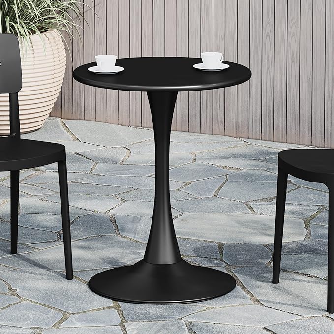 Costaelm Small Dining Table, Round PP Outdoor Table, Weather Resistant Balcony Table for Outside Poolside Deck Lawn Garden Backyard, Black