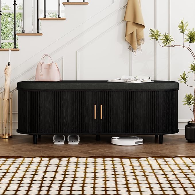 Entryway Bench with Storage: 51.2" Wooden Bedroom Shoe Bench with Thickened Padded Seat Cushion, Mid Century Modern Fluted Sliding Door and Adjustable Shelf, for Entryway, Living Room