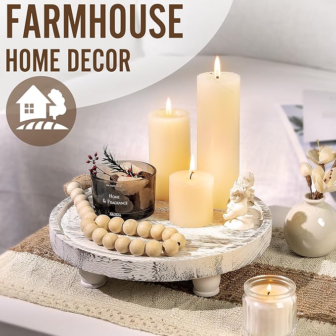 Tikea Farmhouse Wood Display Riser, 10 in. Farmhouse Pedestal Stand for Kitchen Bathroom Counter Decor, Round Display Tray for Soap Dispenser and Plant (White)
