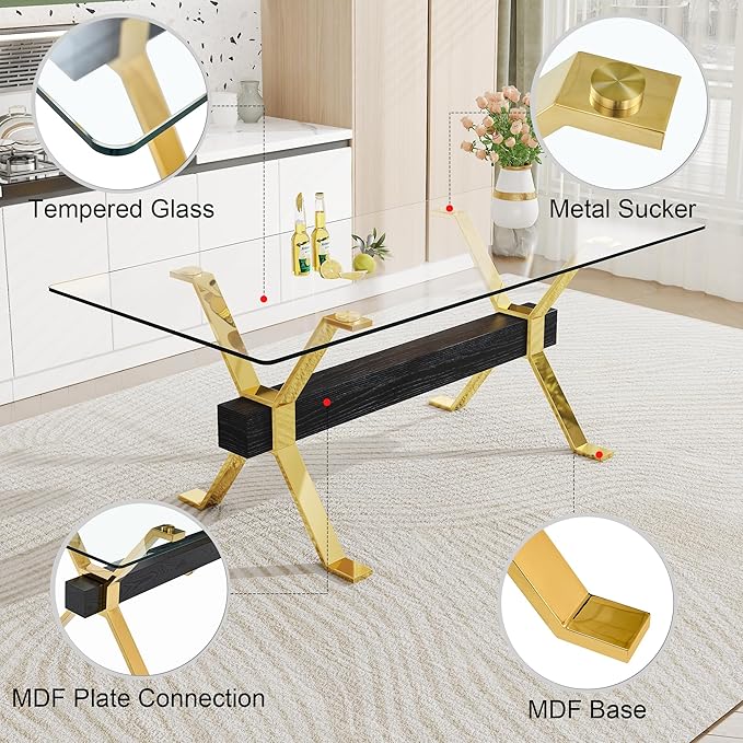 79" Glass Dining Table, Modern Kitchen Table, Modern Dining Table for 8, 0.5" Thick Tempered Glass Tabletop with Gold Chrome Metal Legs and Black Crossbar, Ideal for Dining Room, Kitchen