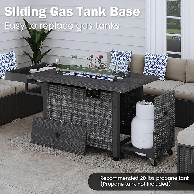52 Inch Wicker Patio Fire Table, 50,000BTU Propane Fire Pit Table with Glass Wind Guard, Side Basket, Cover, CSA Certified, Outdoor Fire Pit for Garden, Backyard, Balcony, Poolside, Grey