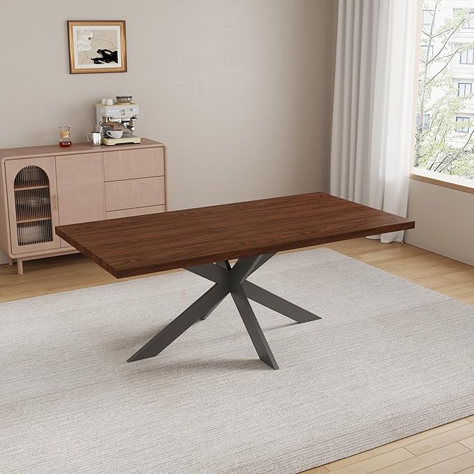 Extendable Dining Table Set for 6–8 People, Modern Walnut Rectangular Dining Table 63"-79" with 6 Leather Chairs, Space-Saving Expandable Kitchen Table Set with Sturdy Metal Frame for Dining Room