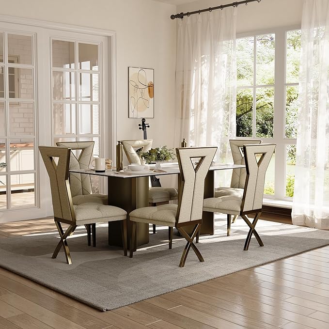 Modern Dining Table for 6, White Sintered Stone Dining Table Top with Brushed Bronze Stainless Steel Base, 70 inch Rectangle Dining Room Table for Home Restaurant (Only Table)