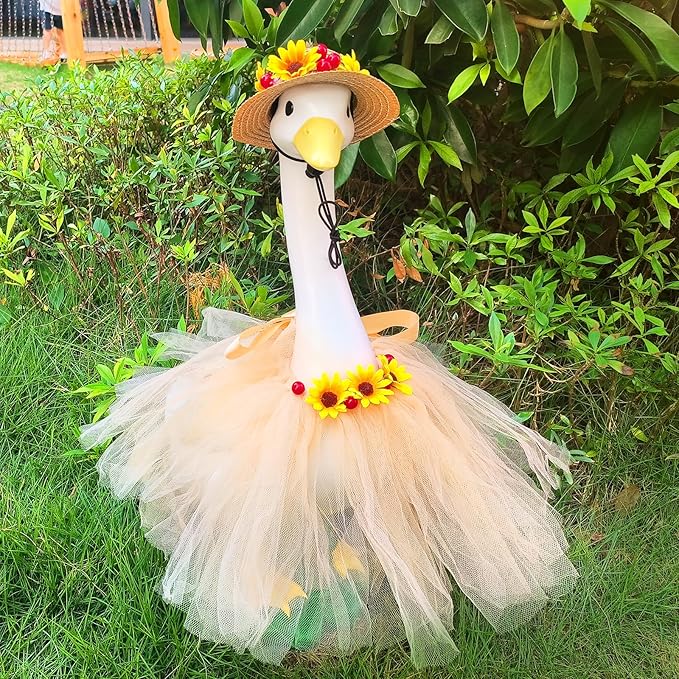 Large White Goose Statues Cygnus, Cute Big Bird Decor Garden Sculpture with Sunflower Outfits and Hat Duck Figurine Indoor Outdoor Porch Backyard Pool Lawn Ornaments 19’’ Birthday Holiday Decorations