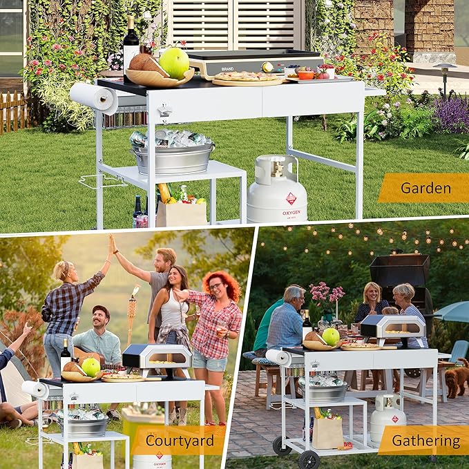 JY QAQA Outdoor Pizza Oven Stand with Condiment Shelf, Outdoor Cooking Cart, Grill Worktable for Patio, Food Prep Station Fits Ninja Woodfire Grill, Cuisinart Grill, Blackstone Griddle
