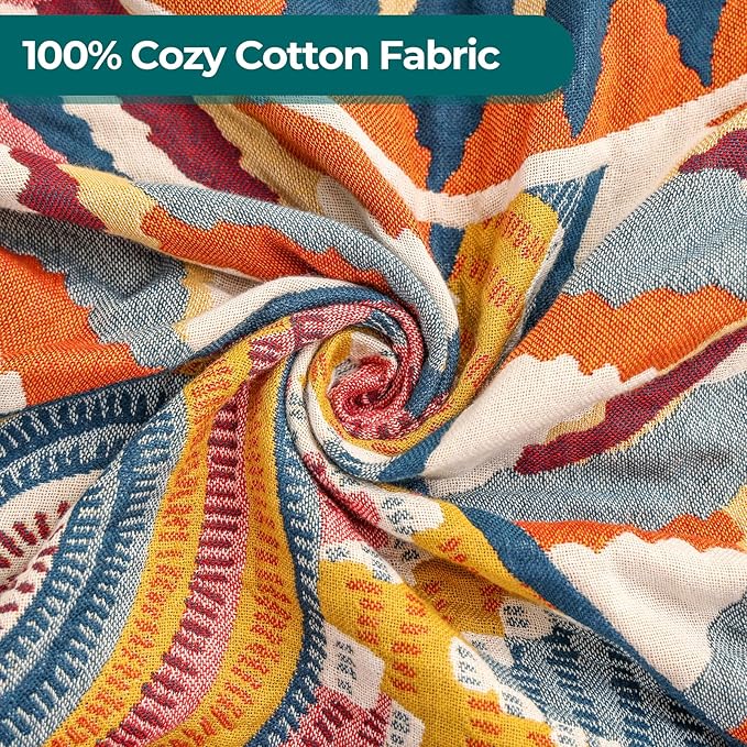 King Throw Blanket for Bed 100% Cotton Boho Oversized Soft Cozy Muslin Quilt Blanket Double Embroider Sun, Vintage Farmhouse Cottage Woven All Season Blankets for Bedding Couch,90"×98"