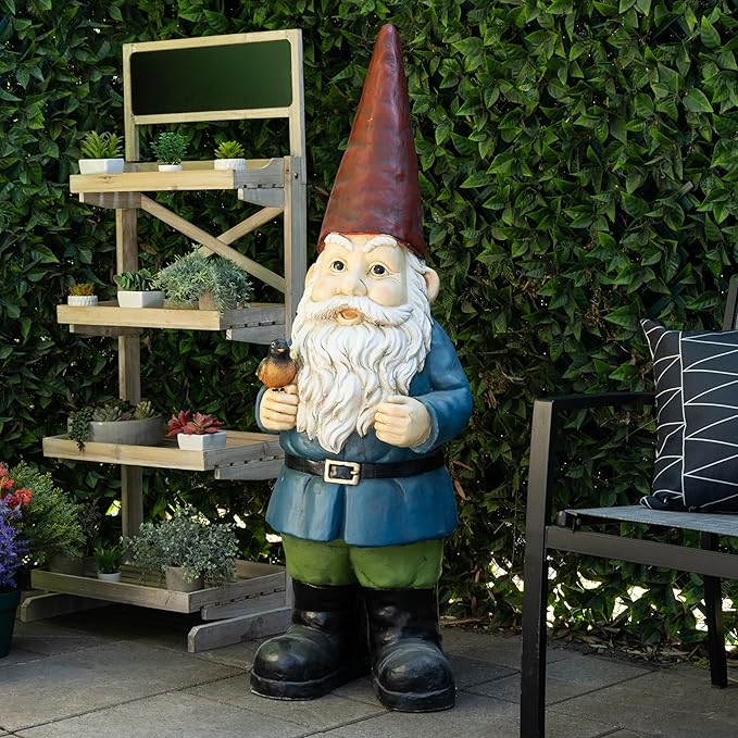 Alpine Corporation ZKD100 Jumbo Size Gnome with Bird Decor, Whimsical Gnome Statue for Patio & Garden, 48" H, Multicolor