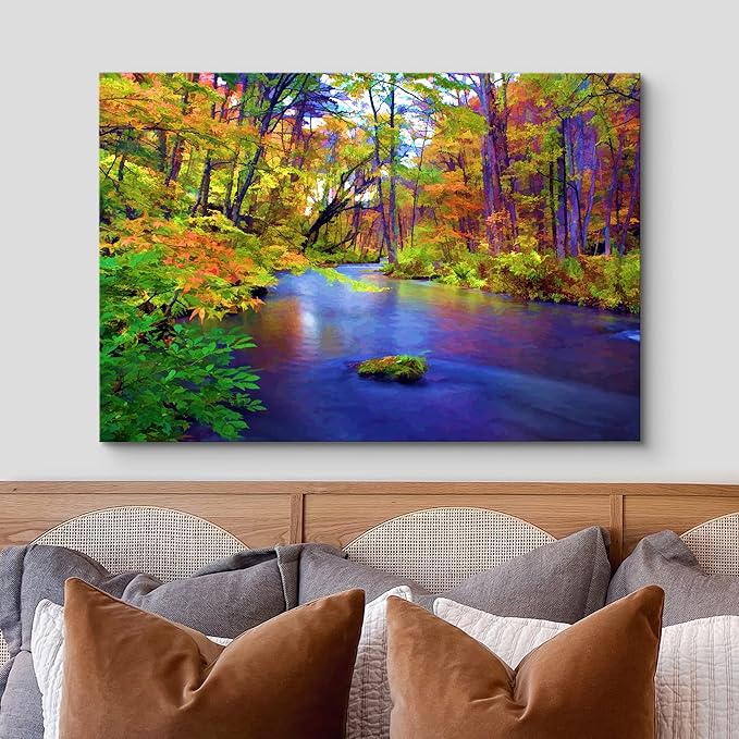 wall26 Canvas Print Wall Art Multicolor Autumn Forest with Blue River Floral Nature Illustrations Realism Bohemian Scenic Relax/Calm Cool for Living Room, Bedroom, Office - 24"x36"