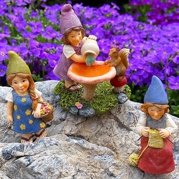 Mood Lab Miniature Garden Gnomes - Lady Gnomes Kit of 3 pcs - Figurines & Accessories Set - Outdoor or House Decor