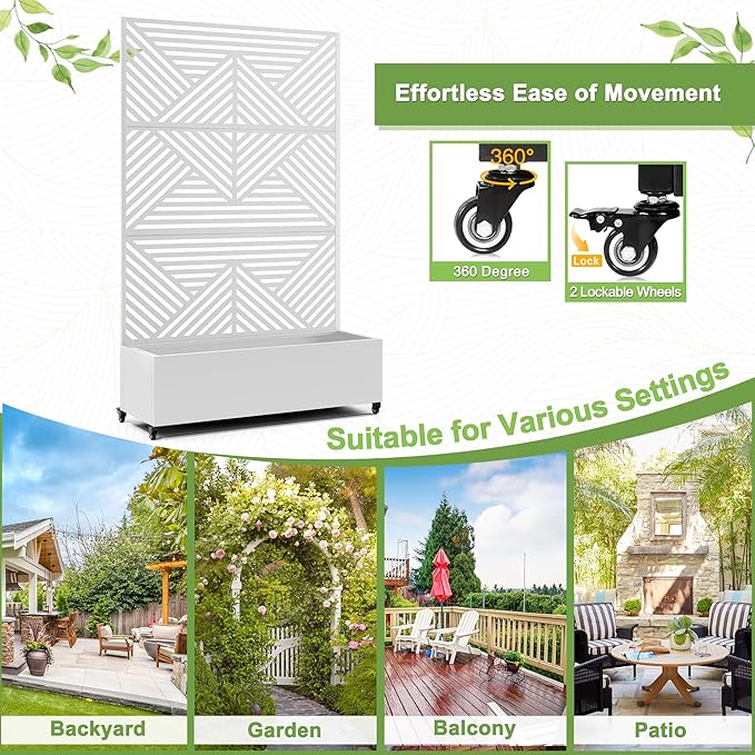 FENCY Metal Raised Garden Bed with Wheels and Trellis,73"x47"x16" Planter Box for Climbing Plants, Vegetables & Vines, Features Privacy Screen and Drainage Holes (White-Modern)
