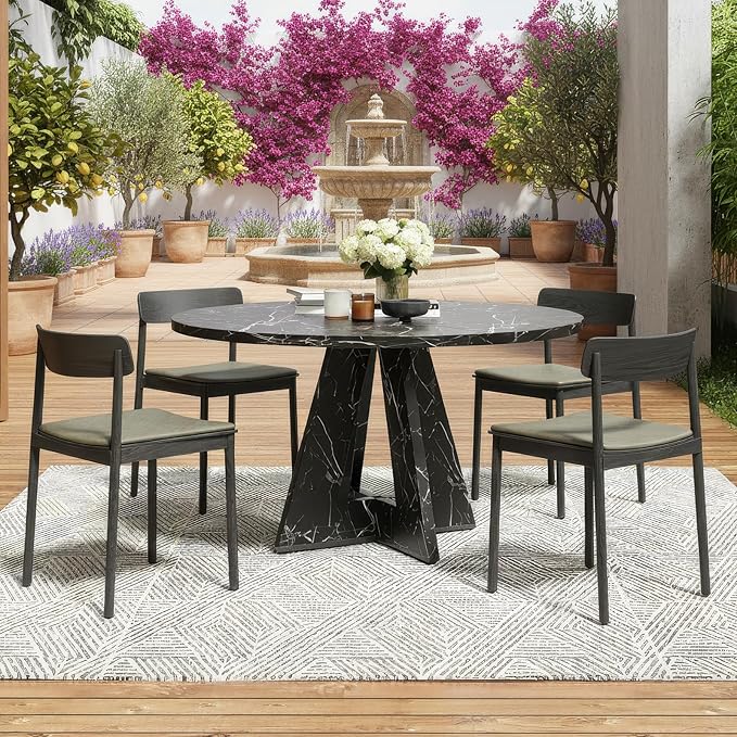 Farini 47" Round Dining Table for 4-6,Modern Kitchen Room Table with Wood Top & Sturdy Metal Base,Large Round Dinner Table for Dining Room,Black